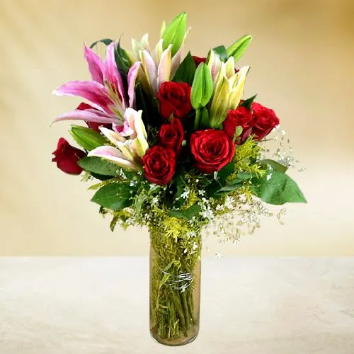 Elegant Vase of Red Roses n Pink Lilies