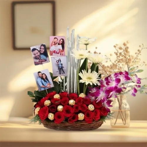 Delightful Fresh Flowers N Personalized Pics Basket Arrangement