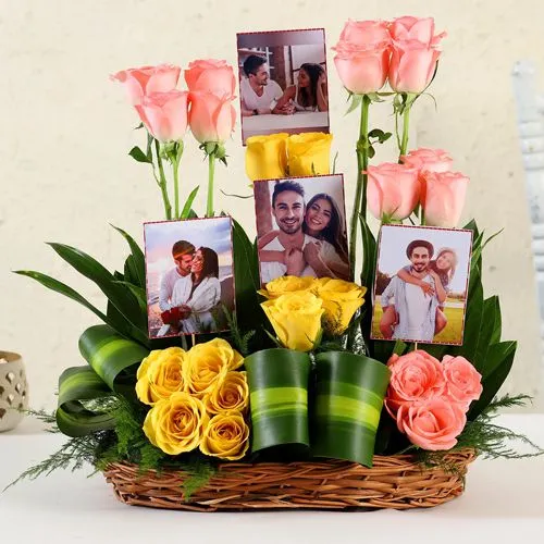 Dreamy Display of Pink n Yellow Roses with Personalized Pics in Basket