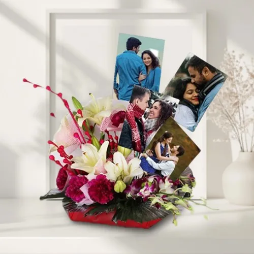 Astounding Arrangement of Mixed Flowers and Personalized Photos in Basket