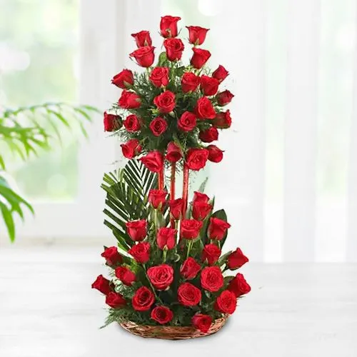 Breathtaking 50 Red Roses Basket Arrangement