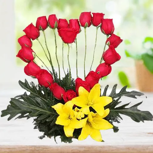 Designer Red Roses Heart with Lilies Arrangement