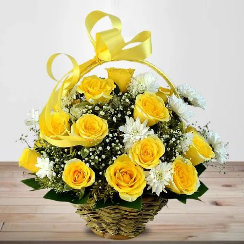 Captivating Yellow Roses n White Daisies Floral Basket