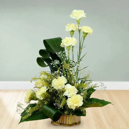 Classy White Carnation Basket Arrangement