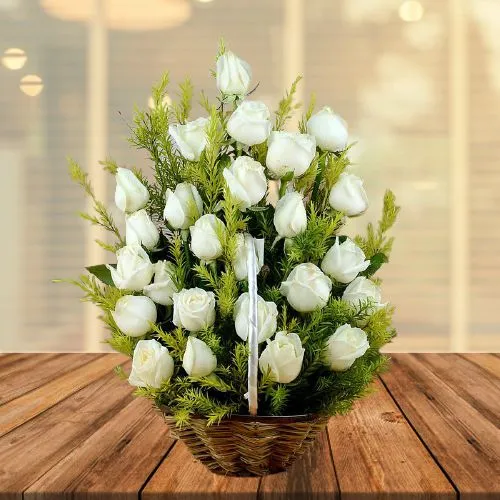 Elegant 25 White Roses Floral Basket