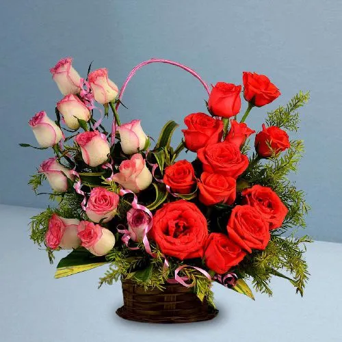 Gorgeous Display of Pink N Red Roses in a Basket