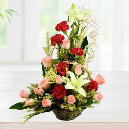 Impressive White, Pink N Red Flowering Basket