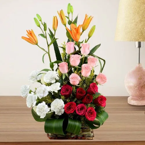 Scintillating Roses, Carnations N Lilies Basket