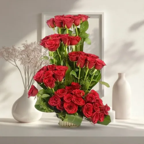 Alluring 48 Red Roses Long Basket Arrangement