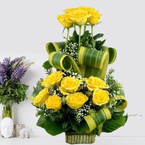 Magnificent 12 Yellow Roses Basket with Greens
