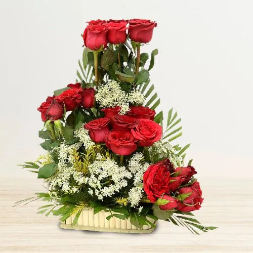 Breathtaking Basket of 24 Red Roses with Fillers N Greens