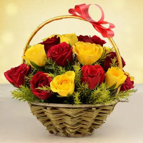 Heartfelt Wishes Yellow n Red Roses Basket	