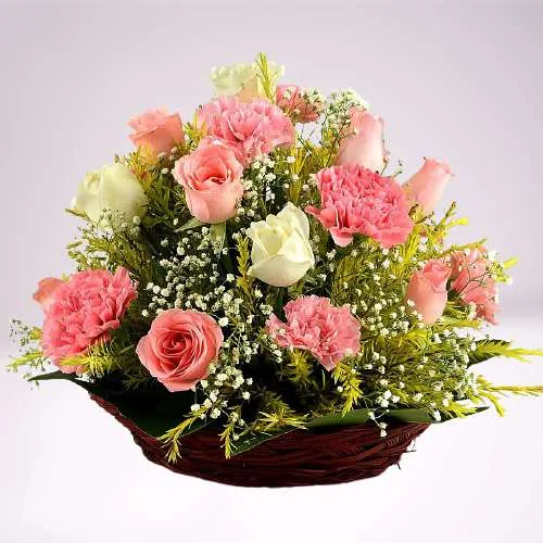 Fantastic Pink Carnations n Roses in Basket