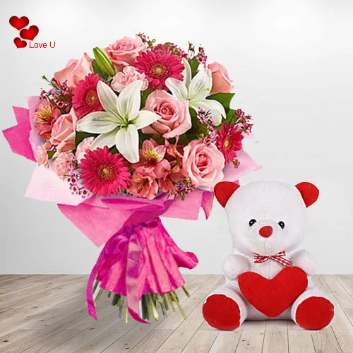 Gift Online Teddy N Flower Basket for Teddy Day