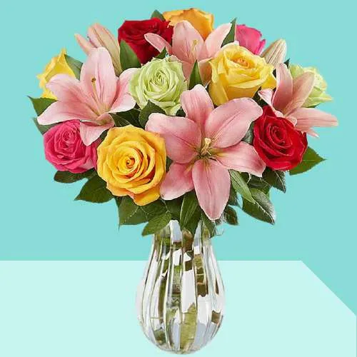 Romantic Choice of Mixed Roses n Pink Lily in Vase