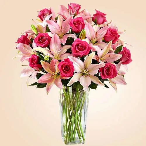 Clad in Pink Vase Arrangement of Roses n Lilies