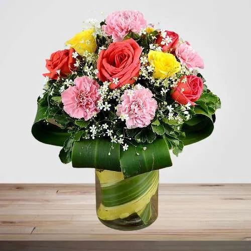 Pristine Perfection Roses n Carnations Basket