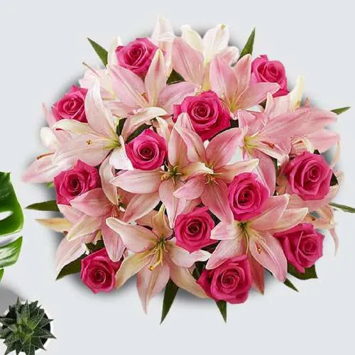 Vivid Crayon Pink Roses n Lilies Bouquet