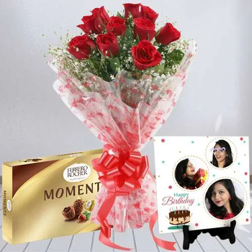 Terrific Personalized Photo Tile with Red Rose Bouquet n  Ferrero Moment Combo