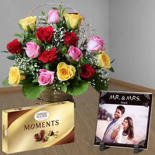 Brilliant Gift of Personalized Photo Tile with Mixed Rose Arrangement n Ferrero Moment