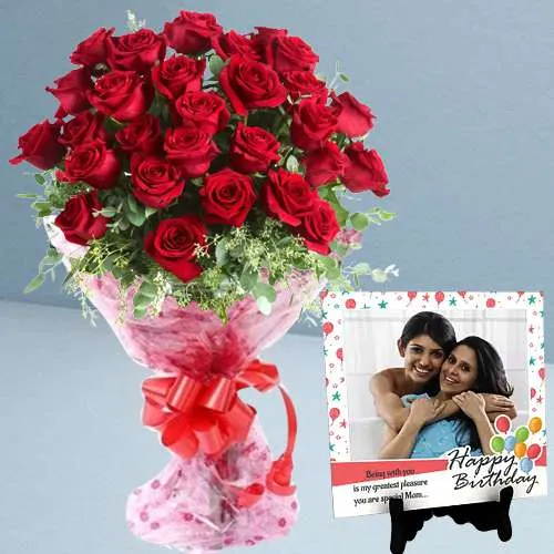 Enigmatic Red Rose Bouquet with Personalized Photo Tile