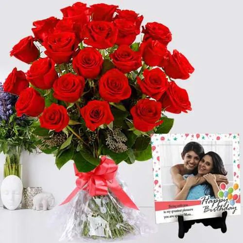 Lovely Red Rose Bouquet with Personalized Photo Tile