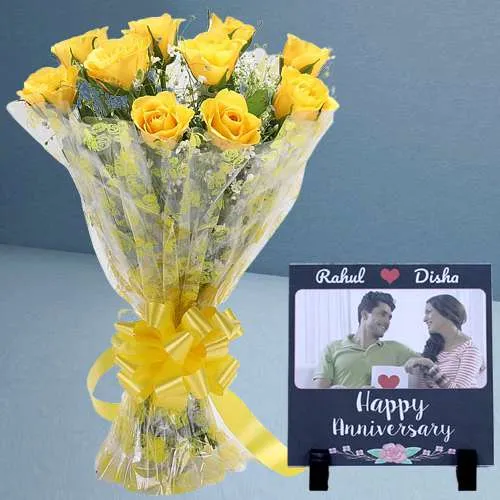 Amazing Combo of Yellow Rose Bouquet with Personalized Photo Tile	