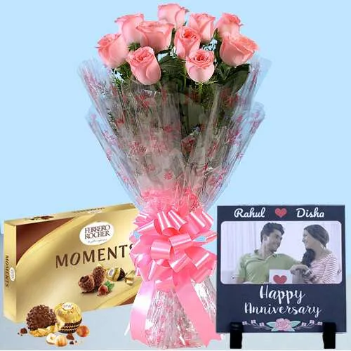 Impressive Personalized Photo Tile with Pink Rose Bouquet N  Ferrero Moments
