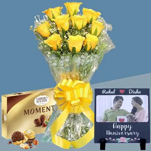 Splendid Personalized Photo Tile with Yellow Roses N Ferrero Moments 	