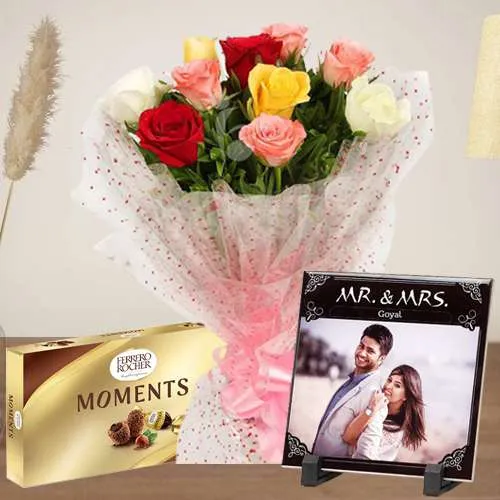 Classy Mixed Rose Bouquet with Personalized Photo Tile N   Ferrero Moments 	