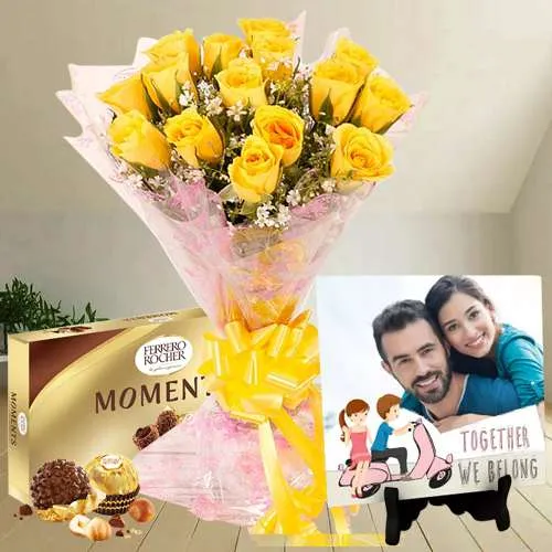 Enigmatic Personalized Photo Tile with Yellow Rose Bouquet N Ferrero Moments 	