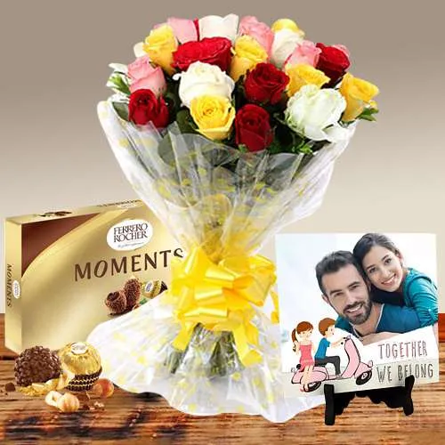 Delightful Personalized Photo Tile with Mixed Rose Bouquet N Ferrero Moments 		