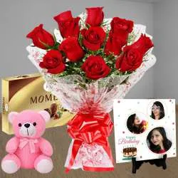 Gorgeous Rose Bouquet n Personalized Photo Tile with Ferrero Moments n Cute Teddy	