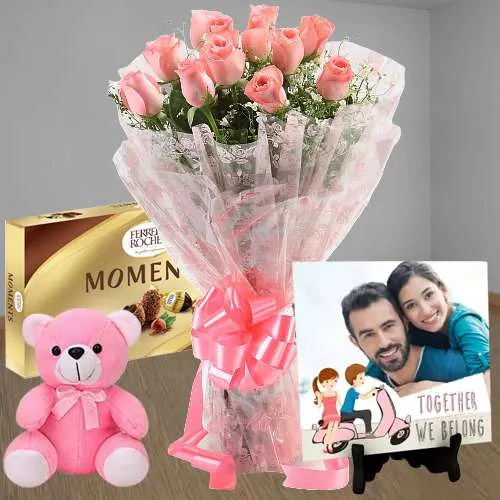 Charming Pink Rose Bouquet n Personalized Photo Tile with Ferrero Moments n Teddy		