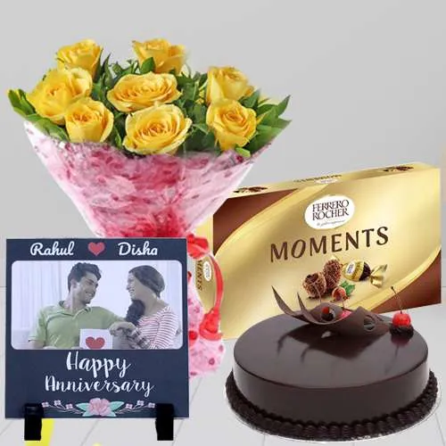 Cheerful Yellow Rose Bouquet n Personalized Photo Tile with Ferrero Moments n Chocolate Cake	