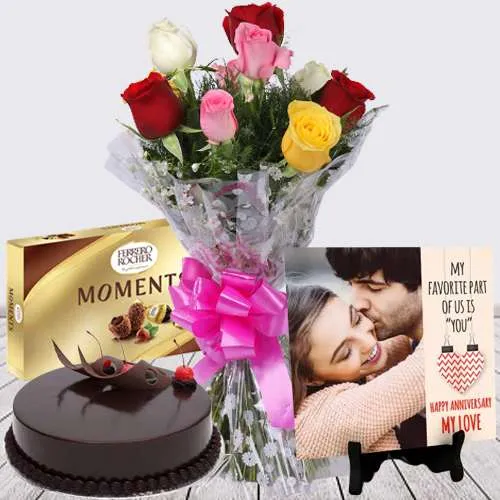 Dazzling Rose Bouquet n Personalized Photo Tile with Ferrero Moments n Chocolate Cake	