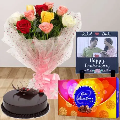 Gorgeous Personalized Photo Tile n Rose Bouquet with Chocolate Cake n Cadbury Celebration 	