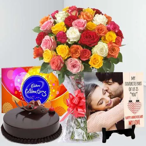 Wonderful Personalized Photo Tile n Flowers Bouquet with Chocolate Cake n Cadbury Celebration 	