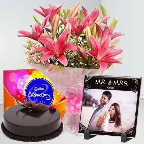 Breathtaking Lilies n Personalized Photo Tile with Cadbury Celebration n Chocolate Cake	