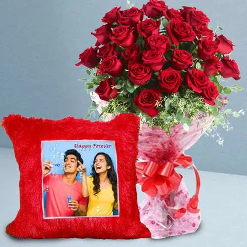 Enigmatic Gift of Red Rose Bouquet with Personalized Cushion