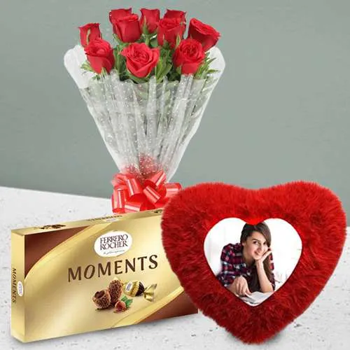 Splendid Gift of Personalized Cushion with Red Rose Bouquet n Ferrero Moments	