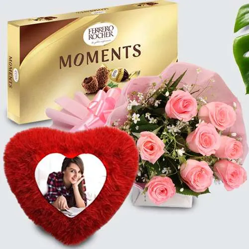Splendid Gift of Personalized Cushion with Pink Rose Bouquet n Ferrero Moments	
