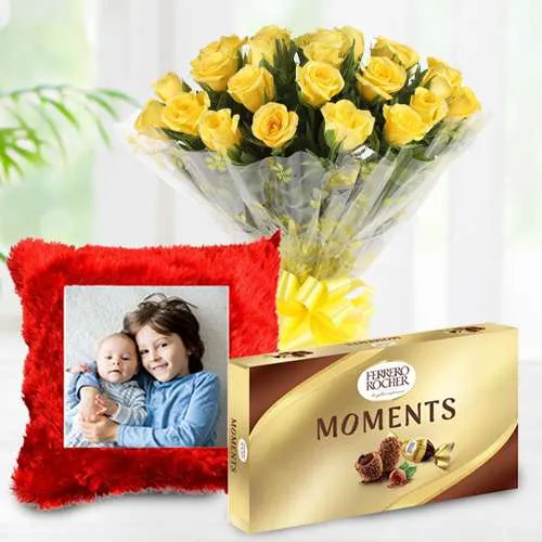 Exciting Gift of Personalized Cushion with Yellow Rose Bouquet n Ferrero Moments	