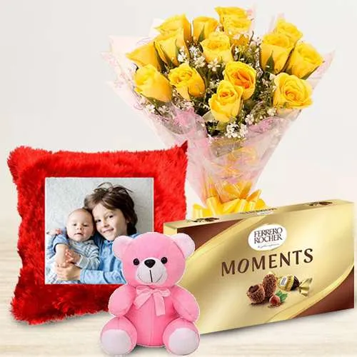 Dazzling Yellow Rose Bouquet N Personalized Cushion with Ferrero Moments N Teddy	
