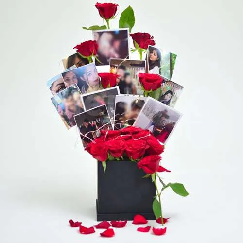 Lovely Choice of Red Roses N Personalized Photos Box