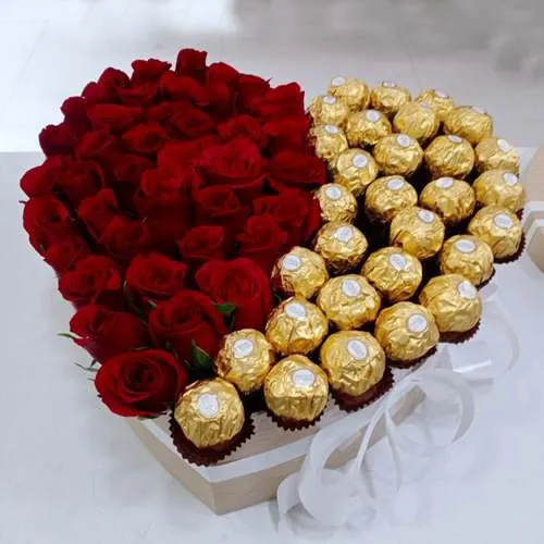 Glorious Heart Shape Box of Red Roses n Ferrero Rocher