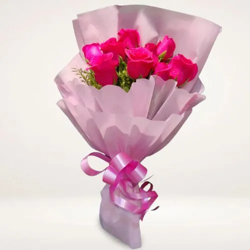 Eye-Catching Pink Roses Tissue Wrapped Bouquet