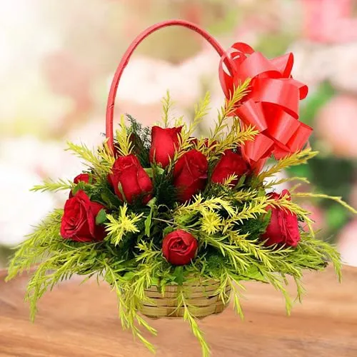 Delightful Round Basket of Red Roses