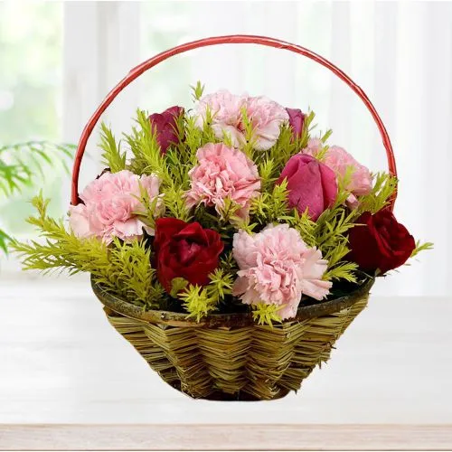 Blooming Collection of Roses N Carnations in Basket