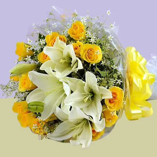 Classic Yellow Roses N White Lilies Bouquet